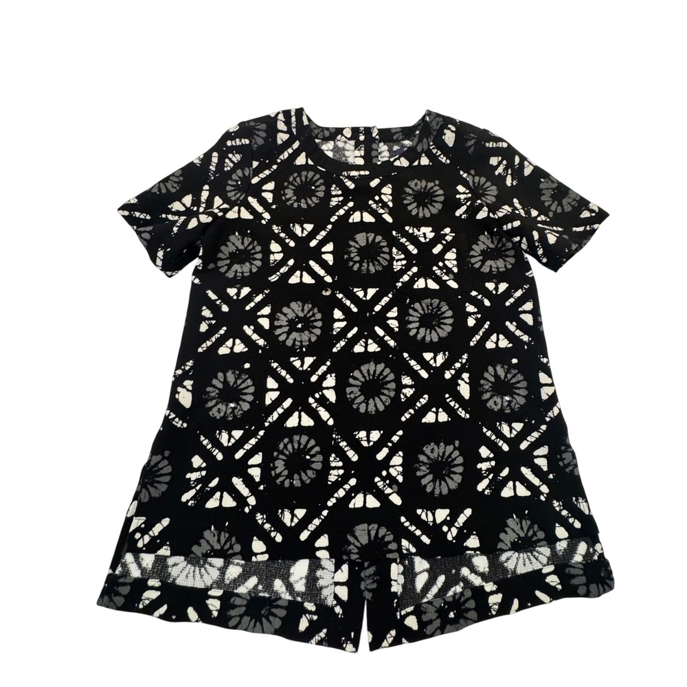 Madewell Black White Geometric Floral Batik Button Back High-Low Top XS Artsy
